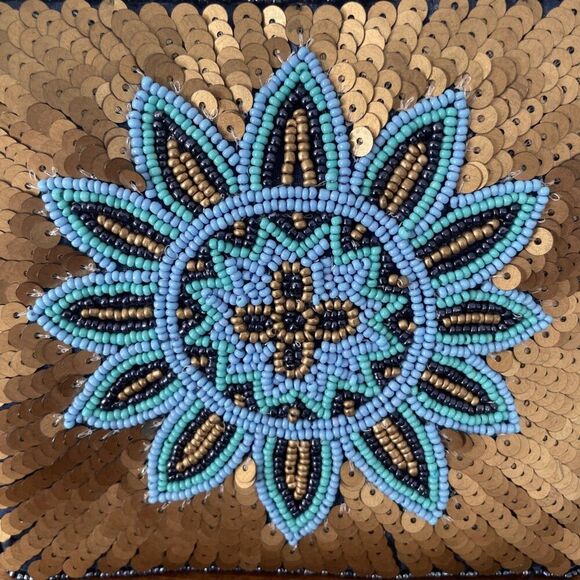 David Jeffery Blue/ gold Beaded Evening Clutch Purse Mandala Sun‎ Flower Sequins - Picture 2 of 4